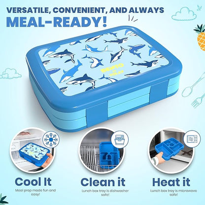 YOLAY Bento Box for Kids Lunch Box Leak-Proof, 5-Compartment Lunch Box Kids for Ages 3-10, Durable with Anti-Slip Base, Suitable for Schools, Outdoor and Travel (Sharks)