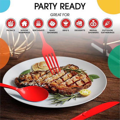 Party Solids Red Plastic Silverware Heavy Duty 300 Pieces Red Plastic Cutlery Sets, Utensil Sets, 100 Of Each Forks, Knives & Spoons Disposable Cutlery Set, Flatware Set For Party Supplies
