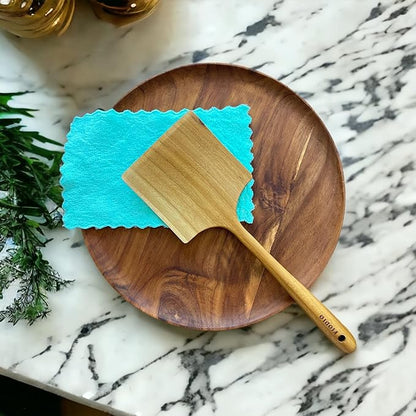 Teak Wide Wooden Spatula with Microfiber Cloth - Natural Non-Stick Healthy Kitchen Utensils - Handcrafted with Comfort Grip
