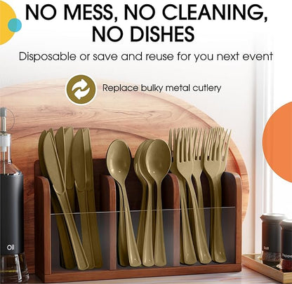 Party Solids Gold Plastic Silverware Heavy Duty 150 Pieces Gold Plastic Cutlery Sets, Utensil Sets, 50 Of Each Forks, Knives & Spoons Disposable Cutlery Set, Flatware Set For Party Supplies