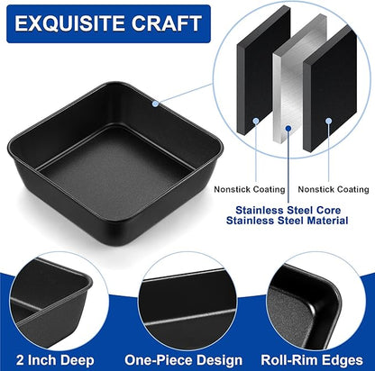 E-far 6 Inch Square Cake Pan Set of 2, Nonstick Small Baking Pan with Stainless Steel Core for Brownies Lasagna Cakes, Non-toxic & Easy Clean, 2 Inch Deep (Black)