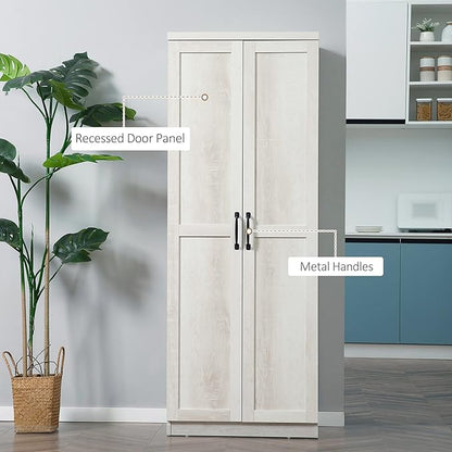 HOMCOM 63" 2-Door Kitchen Pantry, Freestanding Storage Cabinet with 5-Tier Shelving and 2 Adjustable Shelves for Dining Room, Antique White