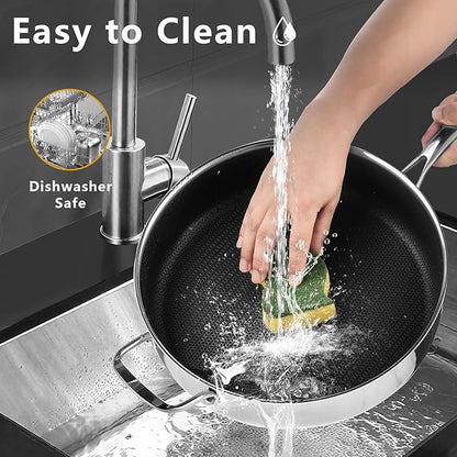 12 Inch Frying Pan Nonstick with Lid, 5.6QT Hybrid Ceramic Deep Saute Pan & Skillet, Tri-Ply Stainless Steel for Even Heat, PFOA/PFOS Free, Induction & Oven Safe