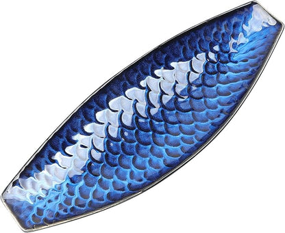 16" Large Ceramic Decorative Tray, Long Boat Shaped Centerpiece Bowl, Multipurpose Serving Platter for Home, Party Decor or Sushi, Fruits, Desserts (Blue)