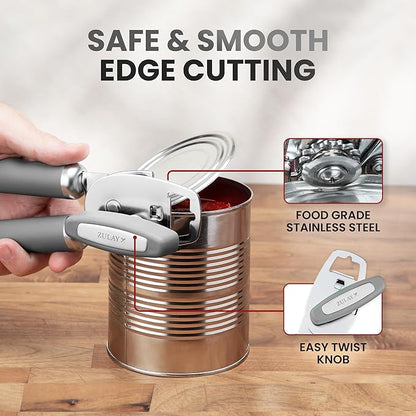 Zulay Kitchen Heavy Duty Stainless Steel Can Opener Manual with Bottle Opener - Rust Proof Manual Can Opener With Turn Knob & Comfy Soft Grip Handles - Light Gray