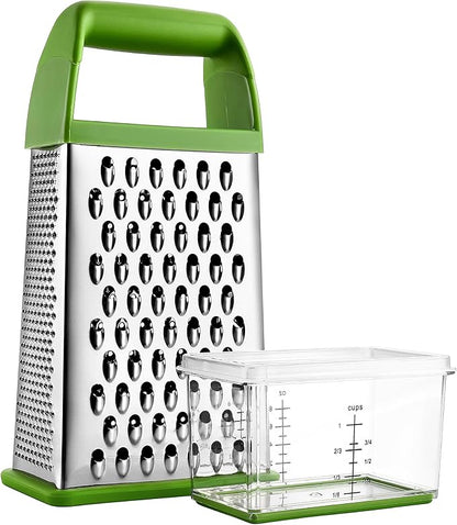 Spring Chef Professional Green 10" Parmesan Cheese Grater With Container, Stainless Steel Food Grater for Kitchen with Handle, 4 Sided Carrot Shredder, Handheld Vegetable & Cabbage Shredder
