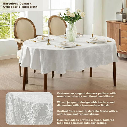 Newbridge Barcelona Luxury Damask Fabric Tablecloth, 60” Wide x 84” Oval, White, 100% Polyester, No Iron, Soil Resistant Dining Room, Party and Banquet Table Cover