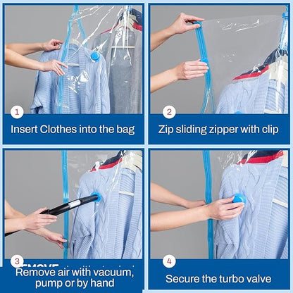 4 Pack Hanging Vacuum Storage Bags for Jackets, Clothes, Suits and Dresses – Vacuum Sealed Compression Bags with Hand Pump – Space Saver Storage Bags for Moving, Travel & Organization (2S & 2L)