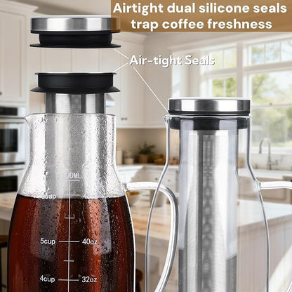 Airtight Cold Brew Coffee Maker Pitcher 51oz, Glass Iced Coffee Maker Pitcher with Removable Stainless Steel Filter and Non-Slip Base, 1.5L Iced Tea Maker