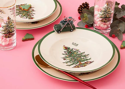 Spode Christmas Tree 9" Soup Plate (Set of 4) – Stoneware Bowls with Festive Tree Design & Green Rim, Ideal for Serving Soup, Pasta, Salad – Microwave & Dishwasher Safe Holiday Dinnerware