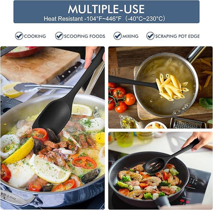 HOTEC Heat Resistant Silicone Cooking Spoon Spatula, Large Kitchen Solid and Slotted Spoons for Mixing, Serving, Scraping, Non-stick, Dishwasher Safe Black 12.5inch