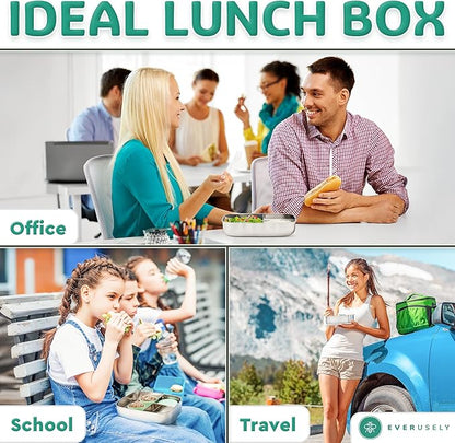 Everusely - Bento Box - Green, 60oz / 1.8 L - Stainless Steel Lunch Box with Leakproof Condiment Container - 3 Compartment Snack Organizer for On the Go Meals - Freezer & Dishwasher Safe