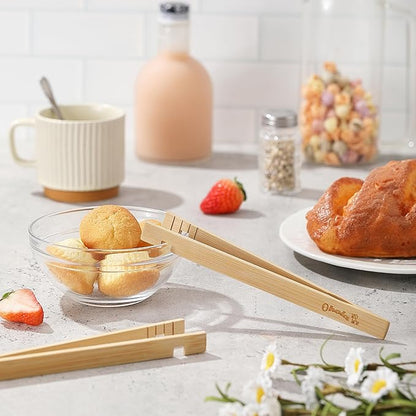 2PCS Reusable Toaster Tongs, OHOLA 8 inch Bamboo Cooking Tong, Multipurpose Wooden Tongs for Toaster, Fruits, Bread, Pickles, Cheese, Bacon, and Muffins (Stylish Pattern)