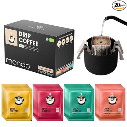 Mondo Drip Coffee Mix (20 Pack) USDA Organic - Variety Pack, Single Serve, Pour Over Pouch Bags, Pre-Filled 100% Arabica, Medium Roast