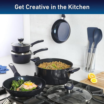 Oster Hawke 14 Piece Aluminum Premium PFA Free Ceramic Nonstick Blue Saphirre Pots and Pans Cookware Set W/Induction Base