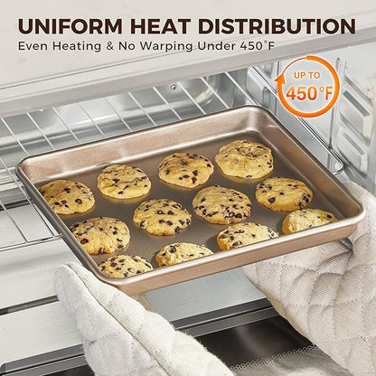 HONGBAKE 2 Pack 11 x 9 Inch Toaster Oven Pans and Trays, Small Baking Sheet Set for Cooking, Non-Stick Cookie Sheets, Heavy-Duty 0.8mm Thick, Easy to Clean, 1.26 Inch Deep, Gold