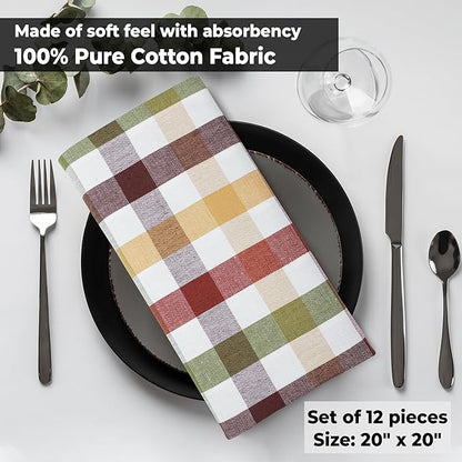 Urban Villa Harvest Cloth Dinner Napkin Set of 6 20x20 inches Fall Checks 100% Cotton Highly Absorbent Durable Reusable Washable Ideal for Farmhouse Thanksgiving Fall Everyday Use Table Napkins