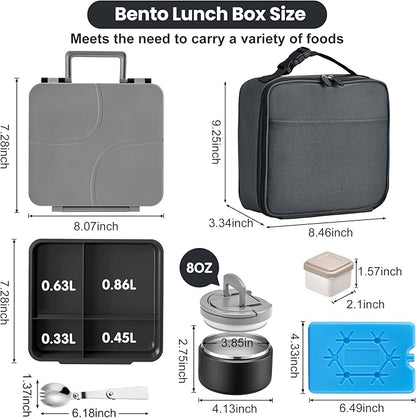 Bento Lunch Box with 8oz Soup Thermo,Kids Leakproof 4 Compartment Lunch Food Containers with Sauce Cup and Ice Pack,Kids Thermo Insulated Hot Food Jar and Lunch Bag for School,Trvael-Black