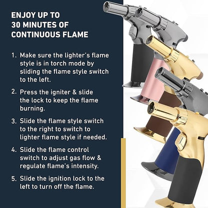 Dual Flame Butane Torch Gun - Refillable Luxury Hand Held Mini Blow Torch for Cooking, Creme Brulee, Soldering, Welding, & Resin Art - Adjustable Flame with Ignition Lock - Steel Blush by inZaynity