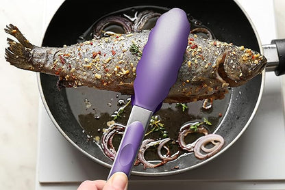 Set of 2 Kitchen Tongs 9-Inch & 12-Inch, Premium Stainless Steel BPA Free Silicone Non-Stick Grilling Barbeque Cooking Locking Food Tongs, Purple