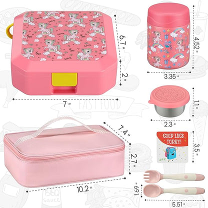 Itslife Bento Lunch Box Set for Kids with 12oz Soup Thermo&Lunch Bag, Leak-Proof Lunch Food Containers for Kids School, 5 Compartment, Sauce Cup, 10 Notes (Unicorn Pink)