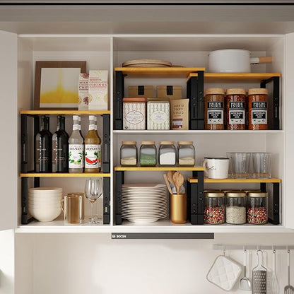 Adjustable Storage Shelves for Kitchen Cabinet Organization - Set of 2 Stackable Metal & Solid Wood Racks, Space-Saving Design for Countertop/Pantry/Garage, Easy Assembly(1 Pack/Medium/Black)