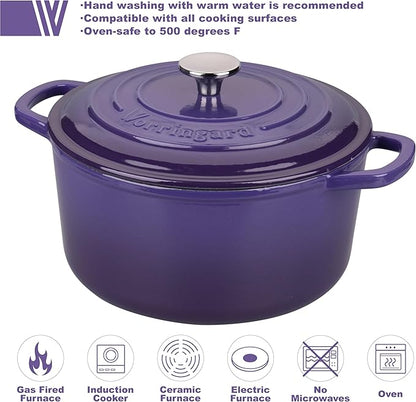 Enameled Cast Iron Dutch Oven Pot with Lid, for Sourdough Bread Baking, Round Dutch Ovens, 6 Quart, Purple