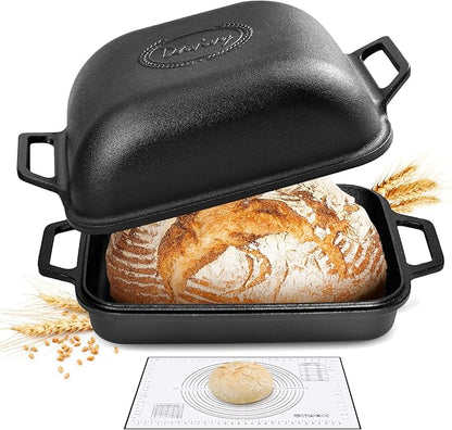 Davivy 9QT Large Dutch Oven for Sourdough Bread with Silicone Baking Mat, Pre-Seasoned Non-stick Cast Iron Sourdough Loaf Pan, Cast Iron Sourdough Baking Pan Large Capacity