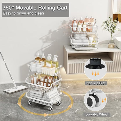 3-Tier Rolling Pantry Floor Organizer, Stackable Pantry Storage Cart with Wheels, Metal Wire Snack Baskets, Kitchen Fruit Basket Stand, Vegetable Storage Rack for Fruits Onions Potatoes Snacks, White