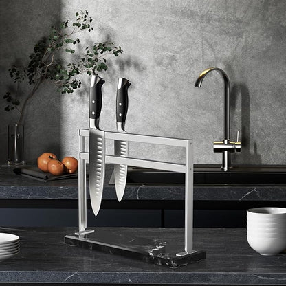 Magnetic Knife Block Stand - Marble Base Magnetic Knife Holder for Counter Top - Double Sided Knife Block without Knives - Stainless Steel Magnetic Kitchen knife holder - Black