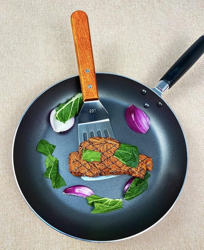 2Pcs Metal Spatulas Set, Metal Spatula for Cast Iron Skillet, Cooking Utensils Fish Egg Grill Spatula Stainless Steel Slotted Spatula, Wok Flat Top Small Metal Spatula Turner with Wood Handle