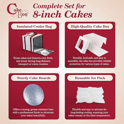 Cakebon Cake Box and Boards, 8-Inch Round Silver Smooth Edges 1/2- Inch Thick Drums with Insulated Bag and Ice Pack – Cake Transport Set, Cooler for Cake Delivery and Transport (1pc Each, 4pcs Total)