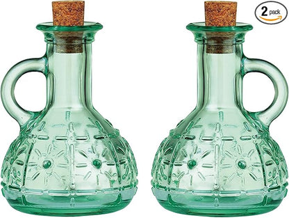 Bormioli Rocco Set Of 2 Country Home Olivia Oil Bottle, 7-ounce Cruet With All Natural Cork Lid, Blue-green Tinted Star Glass, Elegant And Floral Design, Made In Italy.