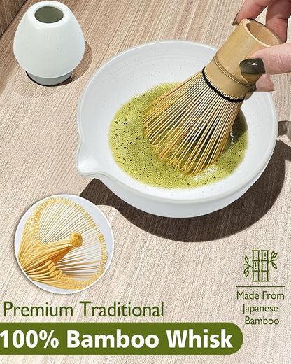 Matcha Whisk Set with Matcha Bowl, Matcha Whisk Holder Matcha Bamboo Whisk, Scoop, Sifter, Unique Gifts for Women Men Girl Friend Home Kitchen Decor（white）