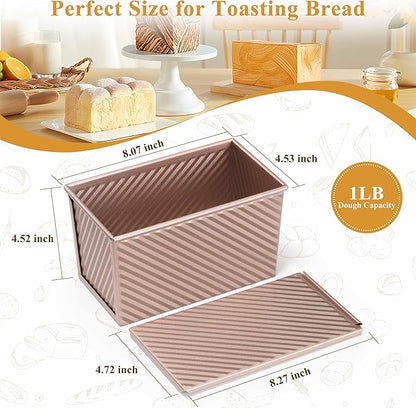 LIANYU 3 Pack Pullman Loaf Pan with Lid, 1 LB Nonstick Carbon Steel Loaf Pans Set, Heavy Duty Rectangle Bakeware with Cover for Homemade Sourdough Bread Sandwich, Rose Gold