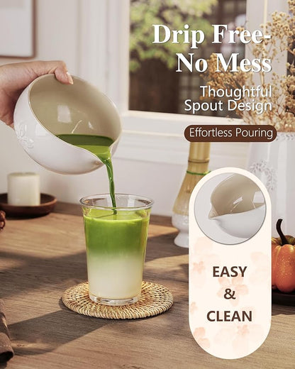 ZENS Matcha Whisk Set, Ceramic Matcha Set Includes 15oz Sakura Bowl, Bamboo Whisk & Chasen Holder, Scoop & Sifter-Tea Towel, 6pcs Matcha Kit for Matcha Lovers, White
