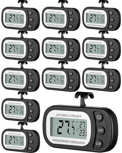 Frienda 12 Pack Black Digital Fridge Thermometer Waterproof Refrigerator and Freezer Room Max/min Record Function LCD Screen Refrigerator Thermometer with Hook and Magnetic Back for Home