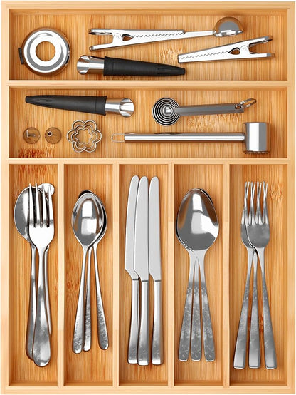 BAMEOS Bamboo Silverware Drawer Organizers, 11.9 inch Utensil Drawer Organizer for Kitchen Drawers, 7 Slots Total Large Flatware Organizer for Knives Cutlery Spoons Forks (Natural)