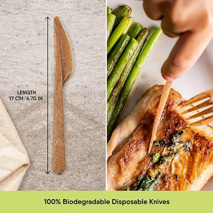 Premium Quality100% Biodegradable Knives Made of Vegetable Fibers, 100 PCS of 6.7” Long Heavy-Duty and Splinter Free Eco-Friendly Knives, Perfect Sustainable Cutlery for All Types of Occasions