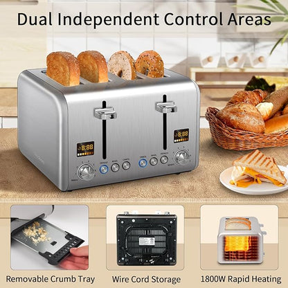 SEEDEEM 4 Slice Stainless Toaster - Color LCD Display, 7 Shade Settings, 1.5'' Wide Slots with Bagel/Defrost/Reheat Functions, Removable Crumb Tray, Silver Metallic, 1800W