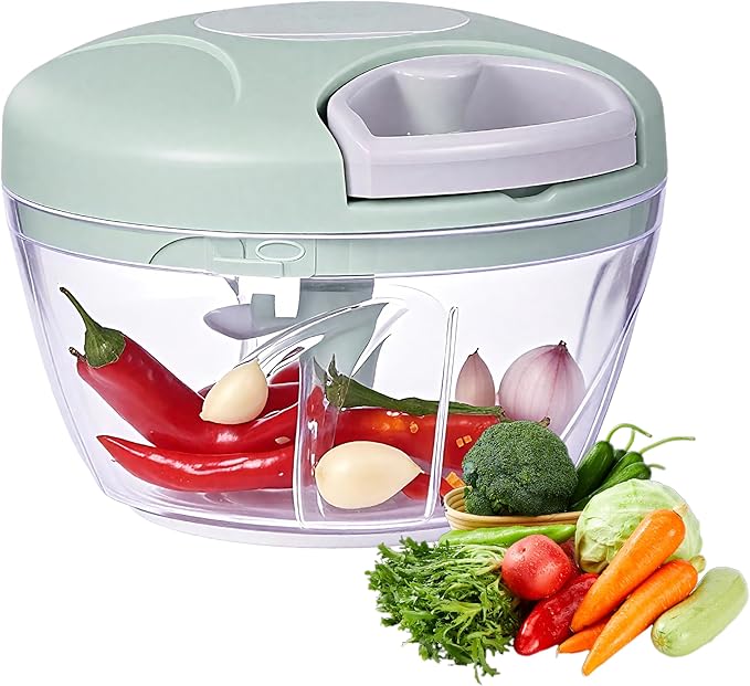 Manual Food Processor Vegetable Chopper,‌ Portable Hand Pull String Garlic Mincer Onion Cutter for Veggies, Suitable for Vegetables, Ginger, Garlic, Fruits, Onion, Potato, Salad (Green 500 ml)