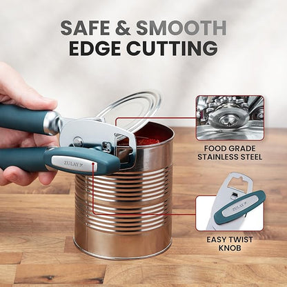Zulay Kitchen Heavy Duty Stainless Steel Can Opener Manual with Bottle Opener - Rust Proof Manual Can Opener With Turn Knob & Soft Grip Handles