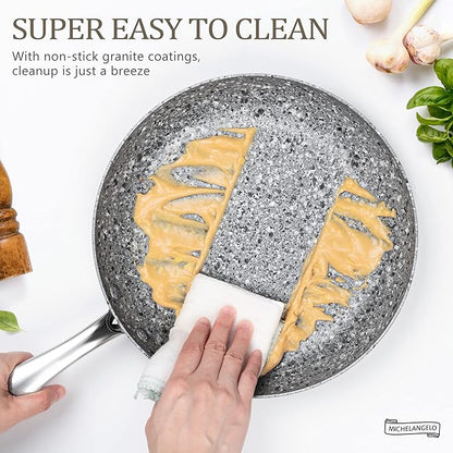 MICHELANGELO Frying Pan Set with Lid, 8" & 10" Granite Frying Pan Set with 100% APEO & PFOA-Free Stone Non Stick Coating, Granite Skillet Set with Lid, Nonstick Frying Pans 2 Piece - 8"+10"