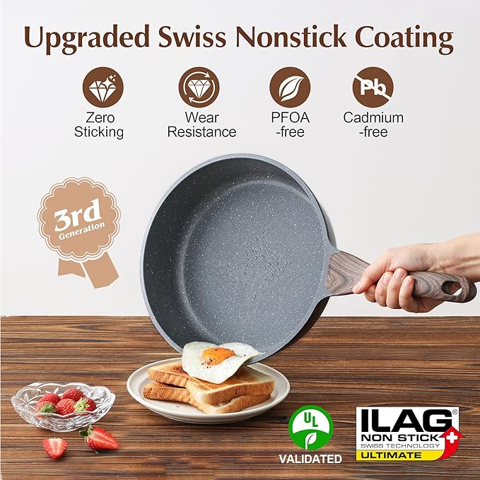 SENSARTE Nonstick Skillet, Deep Frying Pan 10/11/12-inch, Saute Pan with Lid, Stay-cool Handle, Healthy Stone Cookware Cooking Pan, Induction Compatible (10-Inch/3.5QT)