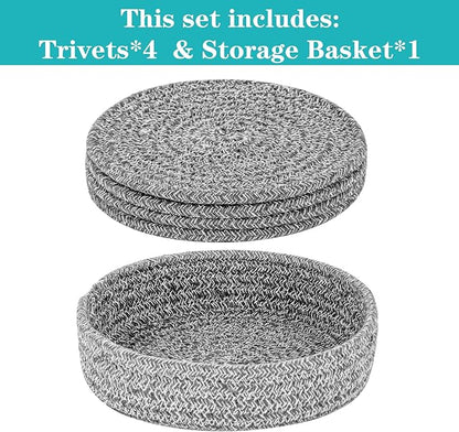 Trivets for Hot Dishes, Pots and Pans, Hot Pads with Storage Basket, Pot Holders for Kitchen, Heat Resistant Mat Protect Counter Home Essentials, Farmhouse Decor (Deep Gray 4 PCS)