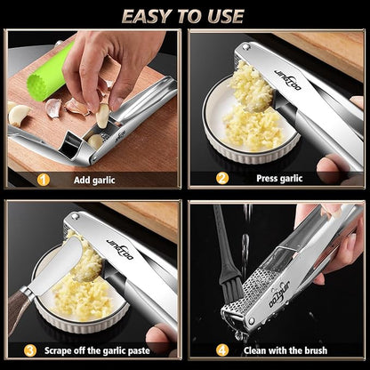 Garlic Press Stainless Steel, Premium Garlic Mincer - 5 Years Warranty - No Need to Peel Garlic Crusher, Ginger Masher & Presser Large Trough Ergonomic Handle, Easy Squeeze，Dishwasher Safe