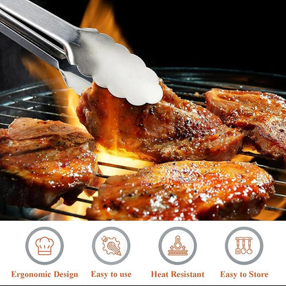 Tongs for Cooking, 9-Inch Stainless Steel Kitchen Tongs, Locking Metal Food Tongs with Silicone Non-Slip Grip, Kitchen Utensils Tongs for Food, Salad and Outdoor BBQ (Set of 4)