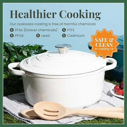 Larder & Vine Enameled Cast Iron 5.7qt Dutch Oven Pot with Lid | Bread Baking | Compatible on All Cooktops & Oven Safe to 500° F | Great for Sourdough Bread | White
