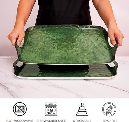 TP Serving Trays with Handles, 17 x 12 Inch Melamine Serving Platters for Food, Meat, Set of 2 Rectangular Trays for Eating, Retro Green