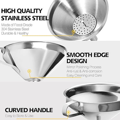 Anaeat Stainless Steel Kitchen Funnel, Multi-Use Premium Metal Food Grade Cooking Funnels with 2 Removable Strainer Filter for Transferring Liquid or Dry ingredients, Oils & 1 Pc Cleaning Brush (5.7")